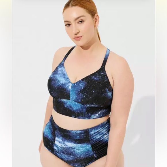Torrid Plus Size 2X Blue Black Wire-Free Bra Racerback Ruched Bottom Bikini Swim - Picture 1 of 6